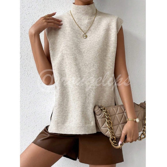 Beige High Neck Knit Vest Sleeveless Sweater Top Side Slits - Picture 5 of 14